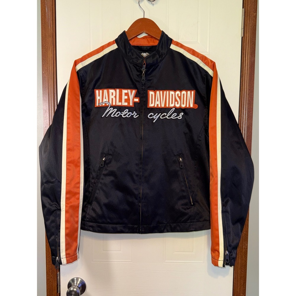 Harley-Davidson Womens Riding Jacket Black Orange Racing Stripe Mesh Lined LG